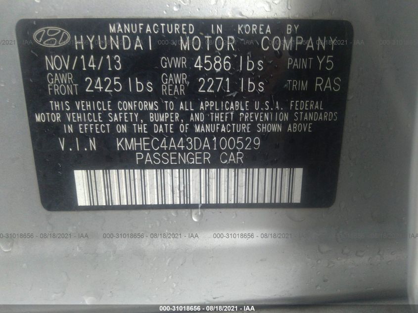 2013 HYUNDAI SONATA HYBRID KMHEC4A43DA100529