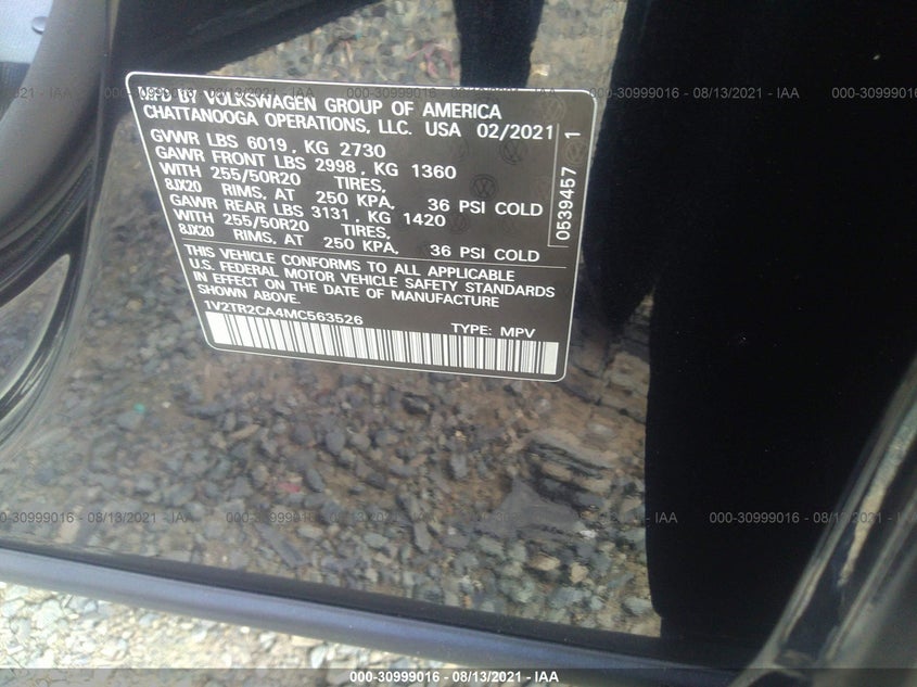 Auction sale of the 2021 VOLKSWAGEN ATLAS , vin: 1V2TR2CA4MC563526, lot number: 30999016