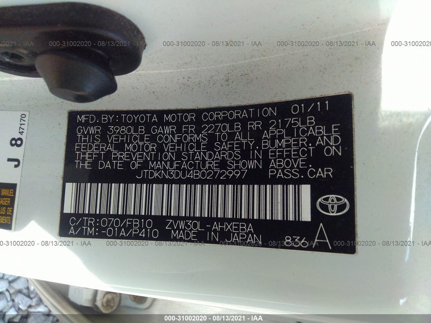 2011 TOYOTA PRIUS VIN: JTDKN3DU4B0272997