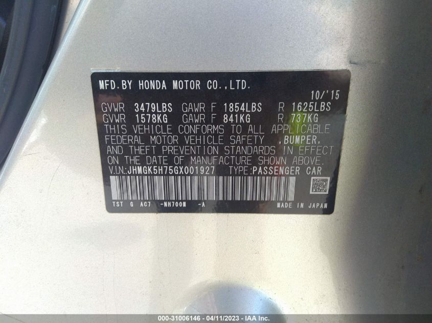 2016 HONDA FIT EX - JHMGK5H75GX001927