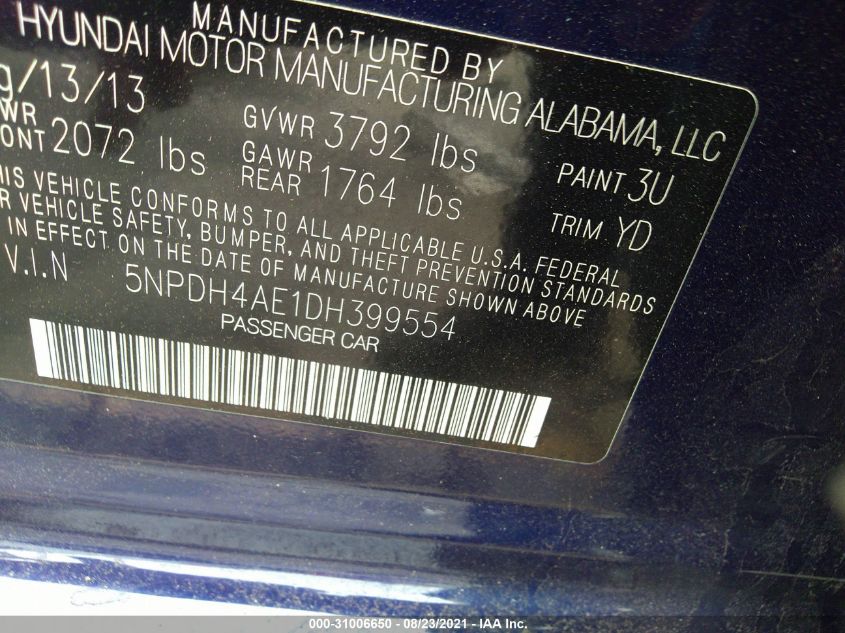 5NPDH4AE1DH399554 - 2013 Hyundai Elantra Gls/gls Preferred/ Limited/limited Tech Gs/se/se Tech - #31006650