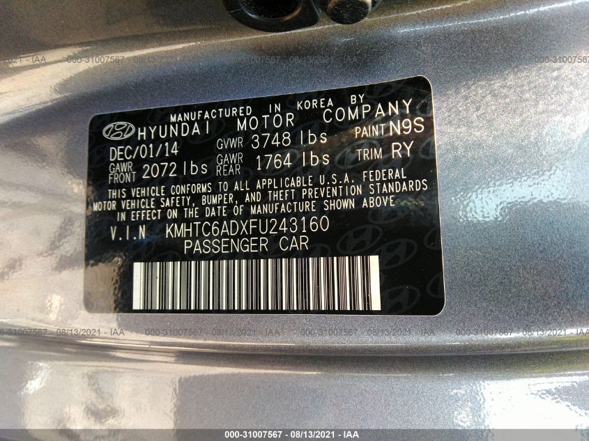 2015 HYUNDAI VELOSTER KMHTC6ADXFU243160