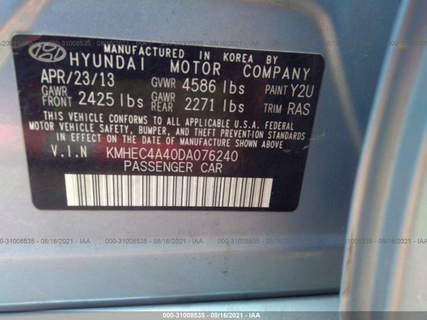2013 HYUNDAI SONATA HYBRID LIMITED KMHEC4A40DA076240