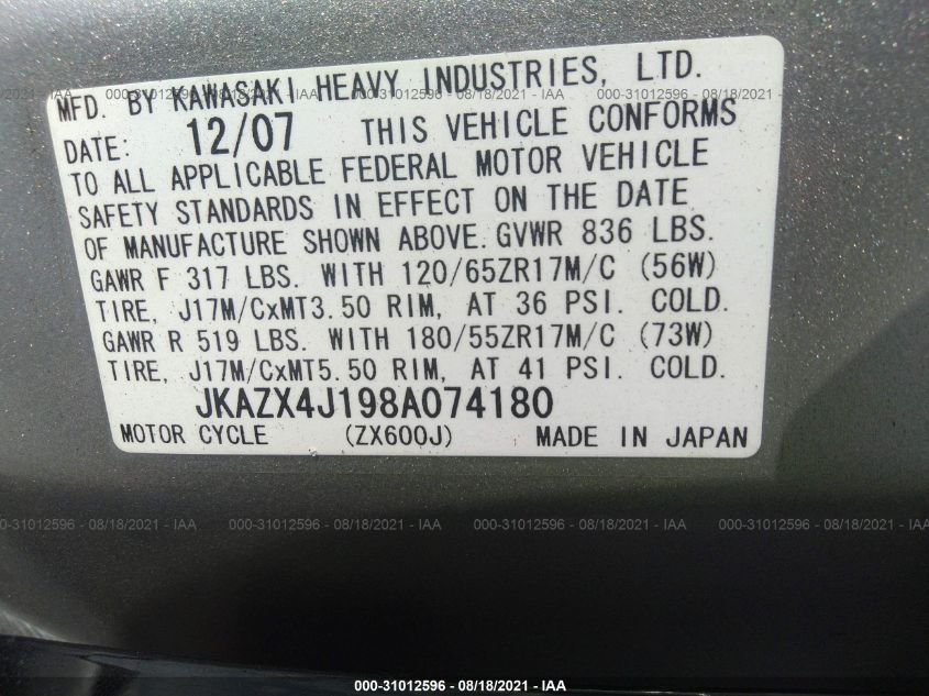 2008 KAWASAKI ZX600 J1 JKAZX4J198A074180