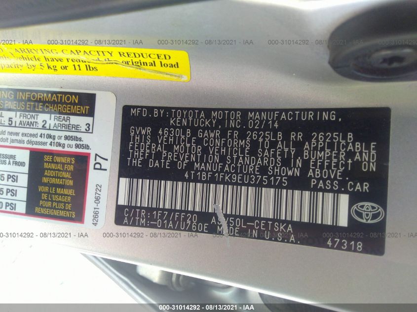 2014 TOYOTA CAMRY L/LE/XLE/SE/SE SPORT 4T1BF1FK9EU375175