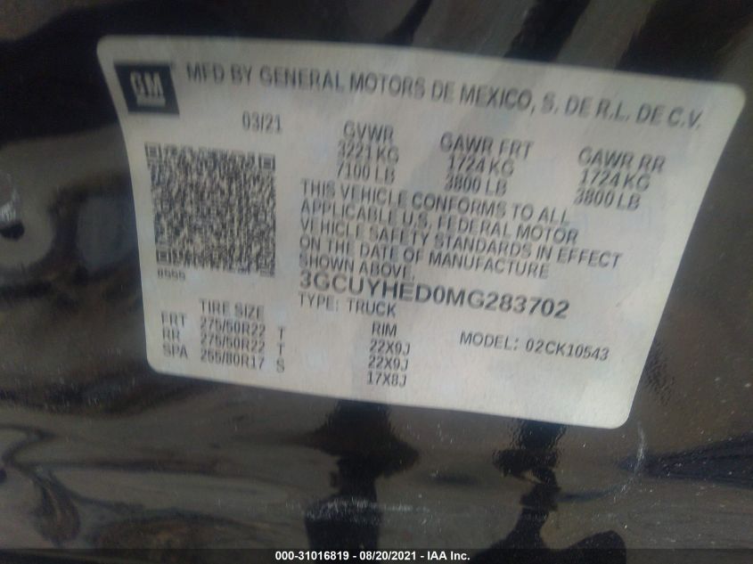 2021 CHEVROLET SILVERADO 1500 HIGH COUNTRY 3GCUYHED0MG283702