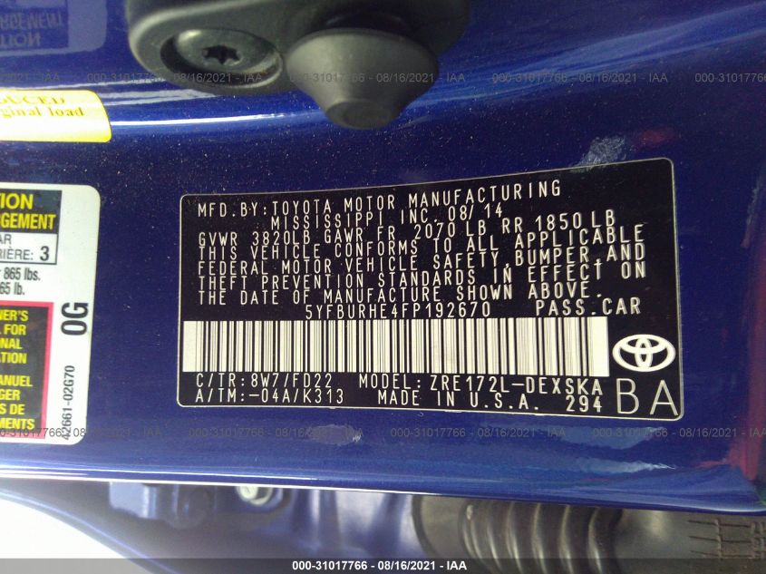 2015 TOYOTA COROLLA S 5YFBURHE4FP192670