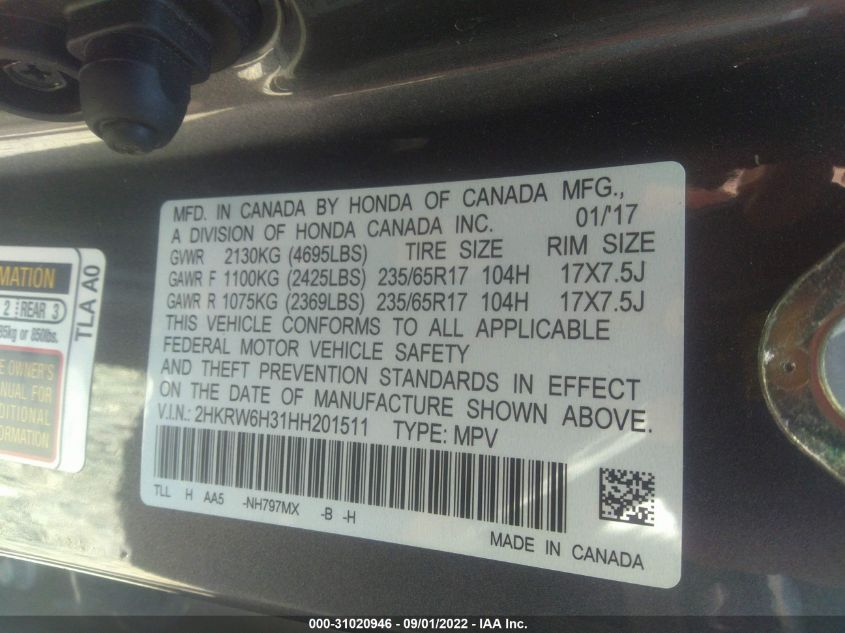 2017 HONDA CR-V LX 2HKRW6H31HH201511