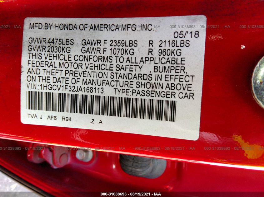 2018 HONDA ACCORD SEDAN SPORT 1.5T 1HGCV1F32JA168113