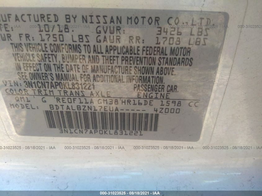 2019 NISSAN VERSA SEDAN SV 3N1CN7AP0KL831221