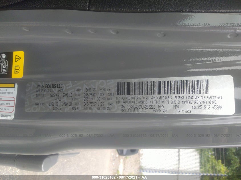 2020 JEEP WRANGLER UNLIMITED VIN: 1C4HJXDG3LW298223