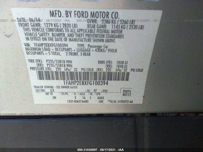 2015 FORD TAURUS SEL 1FAHP2E8XFG100394