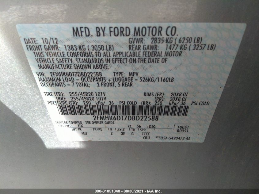 2013 FORD FLEX LIMITED W/ECOBOOST 2FMHK6DT7DBD22588