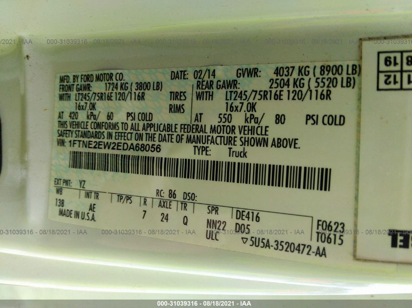 2014 FORD ECONOLINE CARGO VAN COMMERCIAL/RECREATIONAL 1FTNE2EW2EDA68056