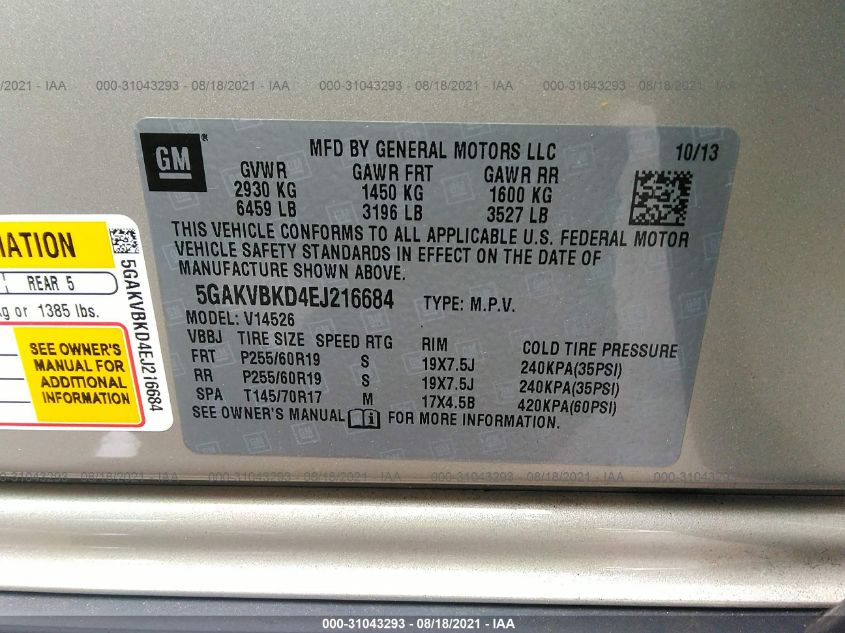 2014 BUICK ENCLAVE LEATHER 5GAKVBKD4EJ216684