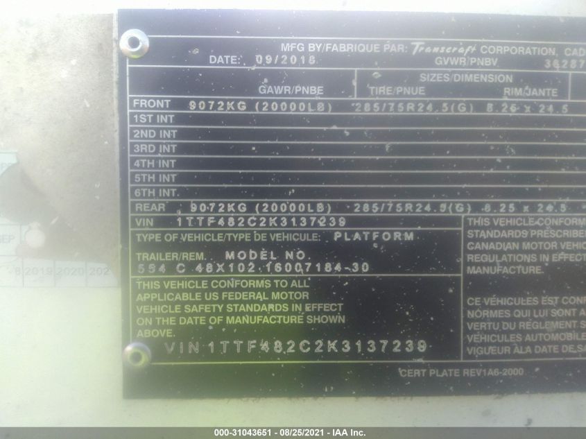 Price & History 2019 Transcraft Corp Trailer vin 1TTF482C2K3137239