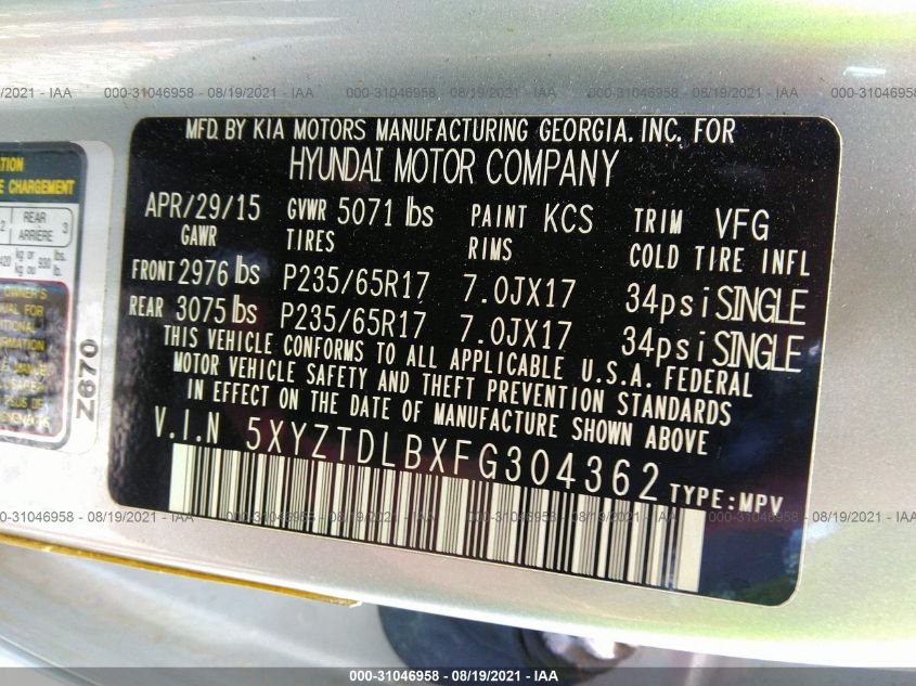 2015 HYUNDAI SANTA FE SPORT 5XYZTDLBXFG304362