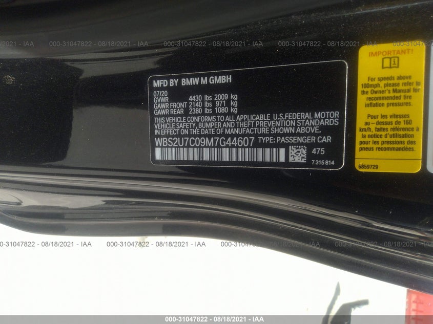 Auction sale of the 2021 BMW M2 , vin: WBS2U7C09M7G44607, lot number: 31047822
