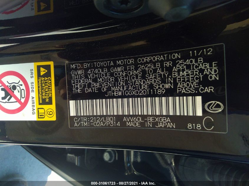 2013 LEXUS ES 300H HYBRID JTHBW1GGXD2011189