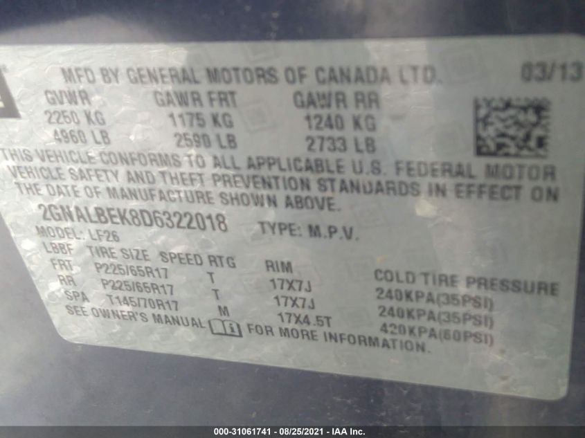 2013 CHEVROLET EQUINOX LS 2GNALBEK8D6322018