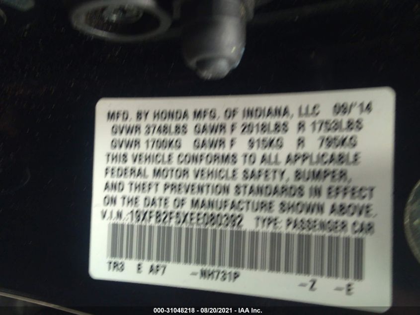 2014 HONDA CIVIC SEDAN LX 19XFB2F5XEE080392