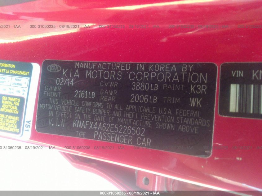 2014 KIA FORTE LX KNAFX4A62E5226502