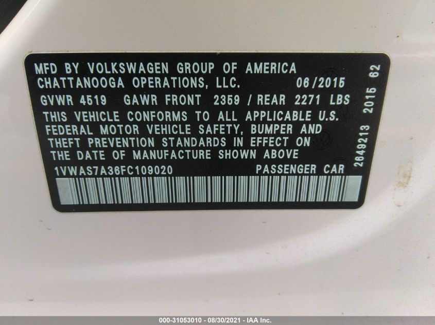 2015 VOLKSWAGEN PASSAT 1.8T LIMITED EDITION 1VWAS7A36FC109020