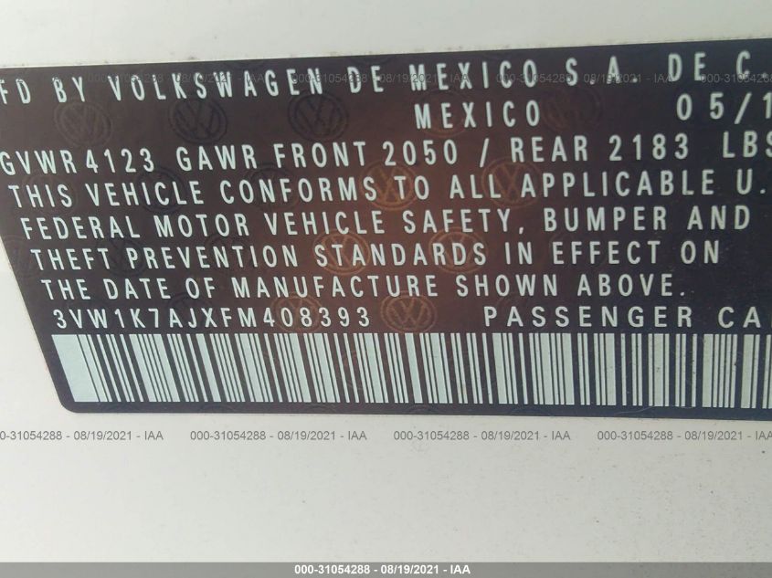 2015 VOLKSWAGEN JETTA SEDAN 2.0L S 3VW1K7AJXFM408393