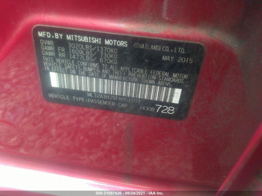 2015 MITSUBISHI MIRAGE DE/RF ML32A3HJ5FH051107