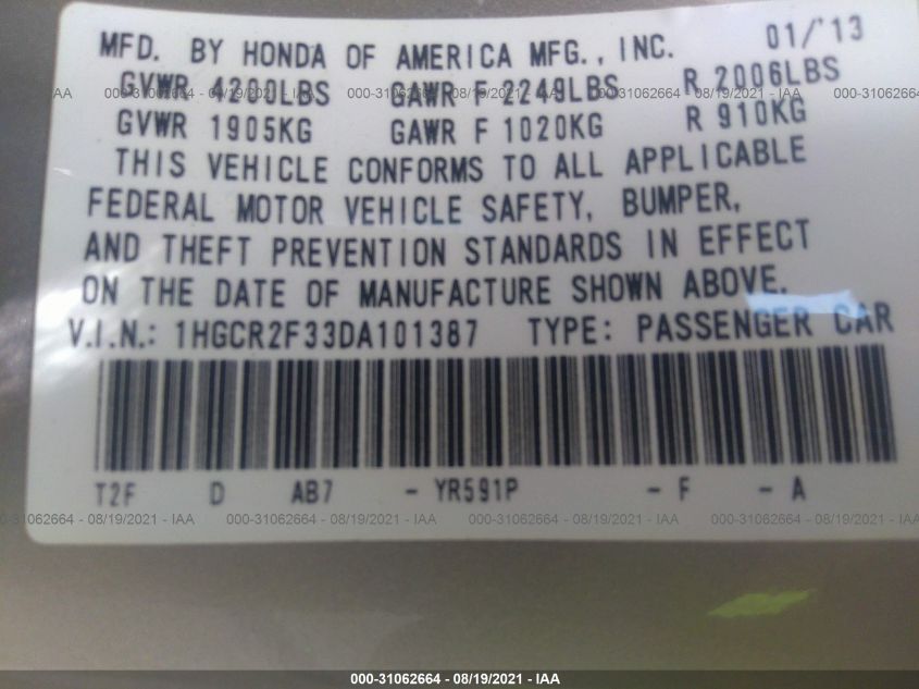 2013 HONDA ACCORD SDN LX 1HGCR2F33DA101387
