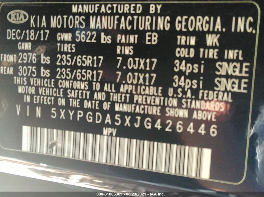 2018 KIA SORENTO LX V6 5XYPGDA5XJG426446