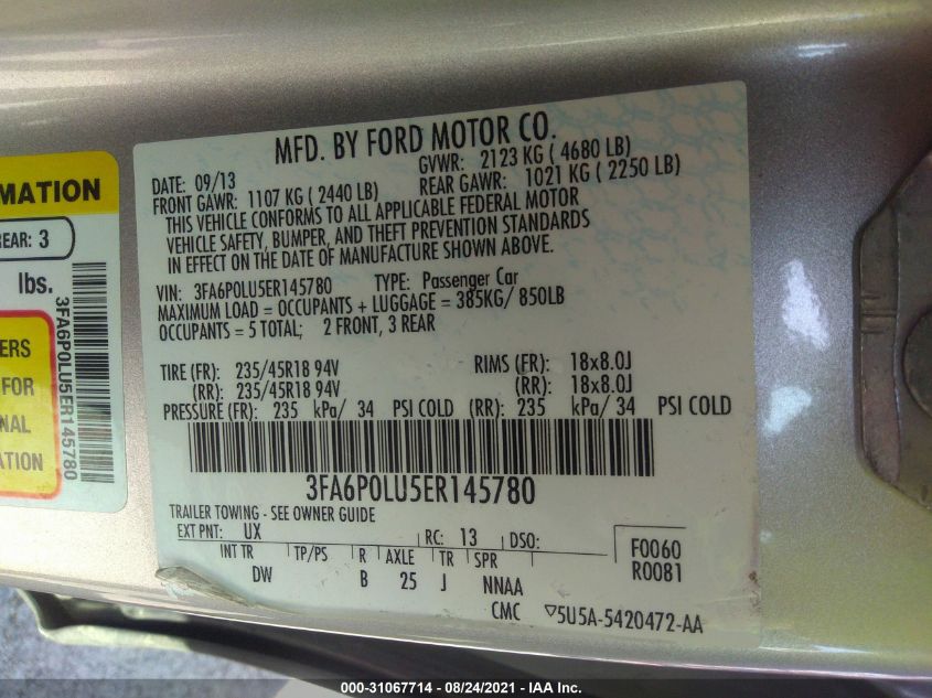 2014 FORD FUSION SE HYBRID 3FA6P0LU5ER145780