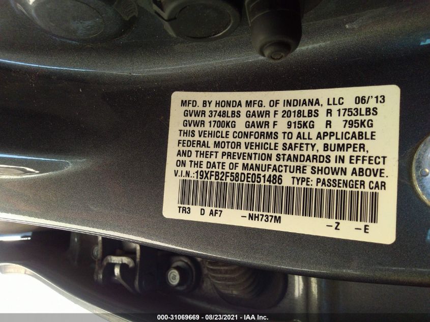 2013 HONDA CIVIC SDN LX 19XFB2F58DE051486