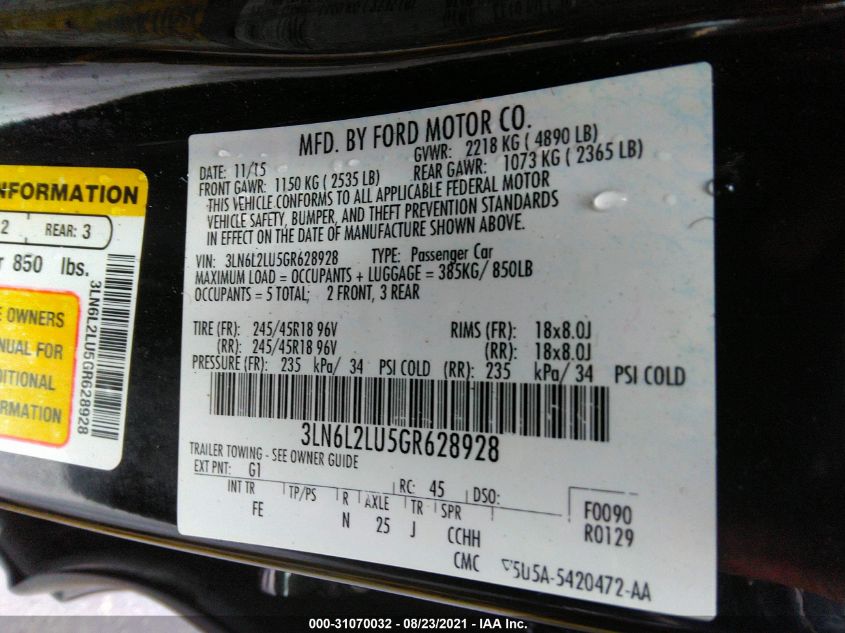 2016 LINCOLN MKZ HYBRID 3LN6L2LU5GR628928