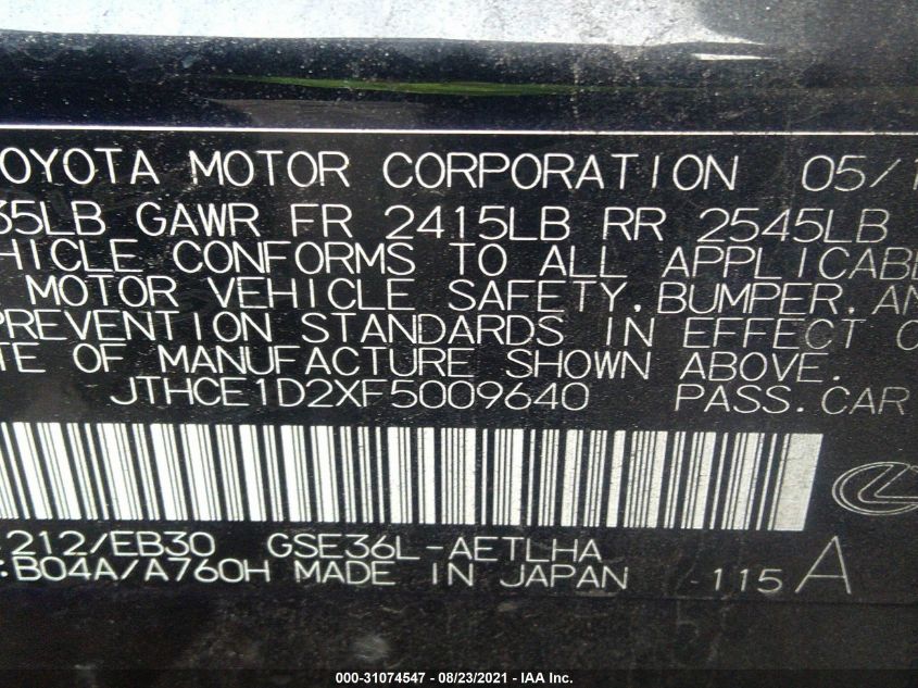 2015 LEXUS IS 350 JTHCE1D2XF5009640