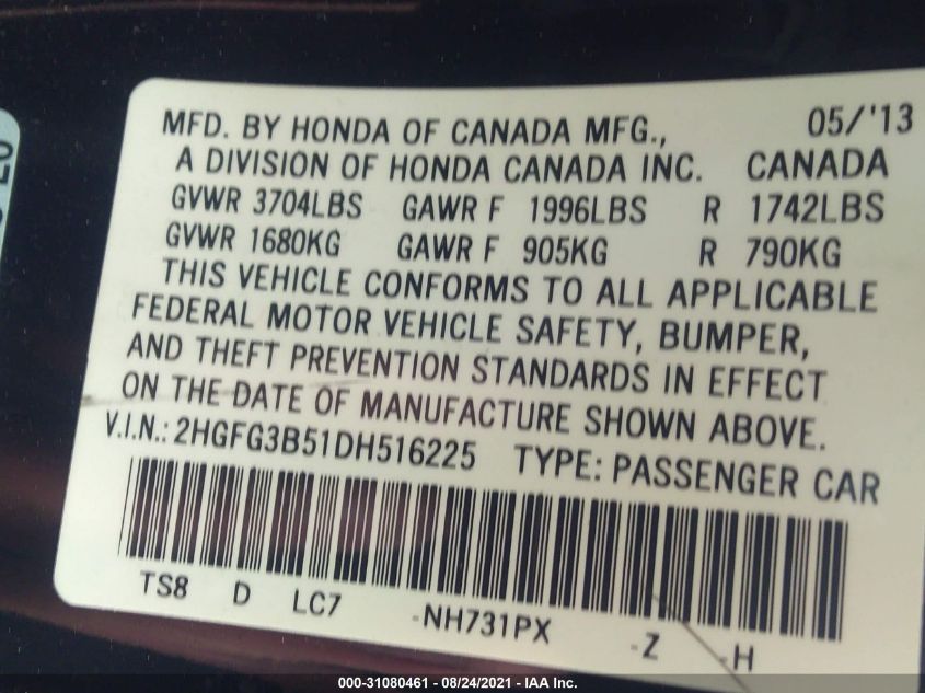 2013 HONDA CIVIC CPE LX 2HGFG3B51DH516225