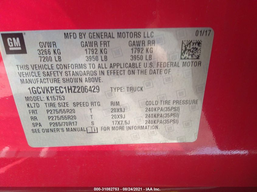 2017 CHEVROLET SILVERADO 1500 CUSTOM 1GCVKPEC1HZ206429