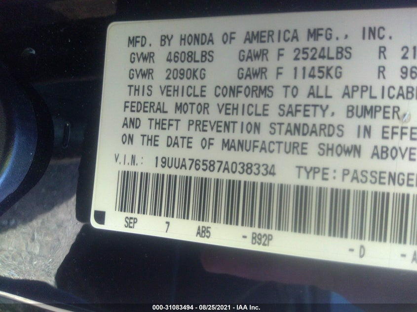 2007 ACURA TL VIN: 19UUA76587A038334