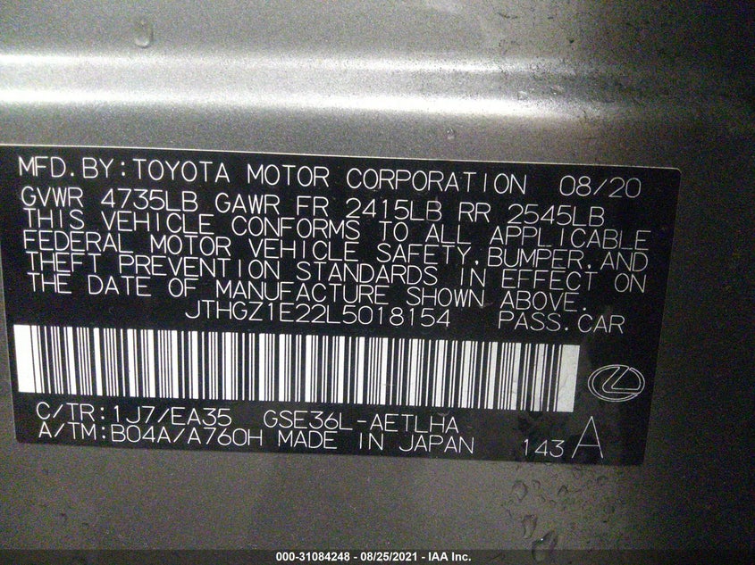 Auction sale of the 2020 LEXUS IS , vin: JTHGZ1E22L5018154, lot number: 31084248