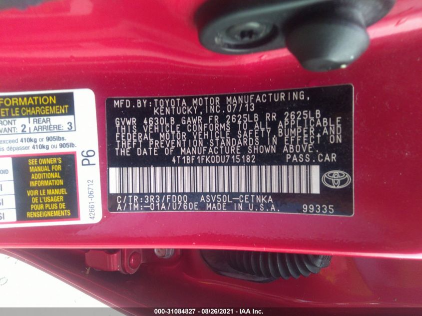 2013 TOYOTA CAMRY LE 4T1BF1FK0DU715182