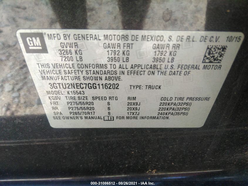 2016 GMC SIERRA 1500 SLT 3GTU2NEC7GG116202