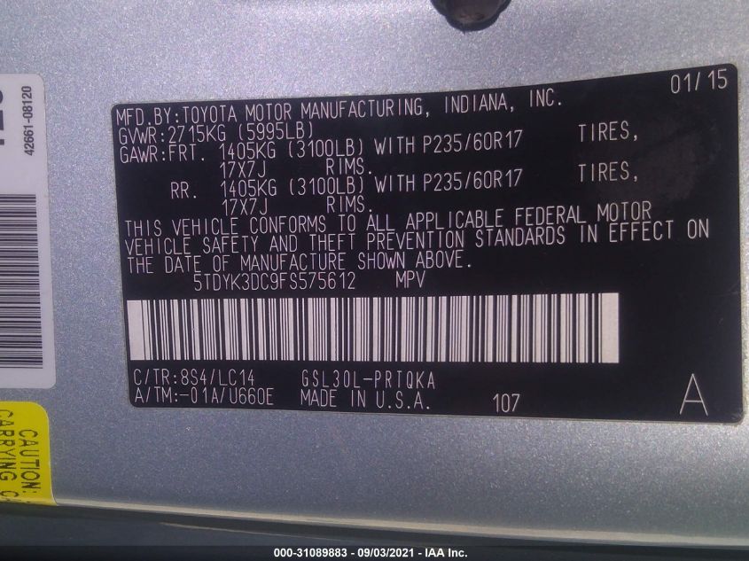 2015 TOYOTA SIENNA XLE/XLE AAS/LTD 5TDYK3DC9FS575612