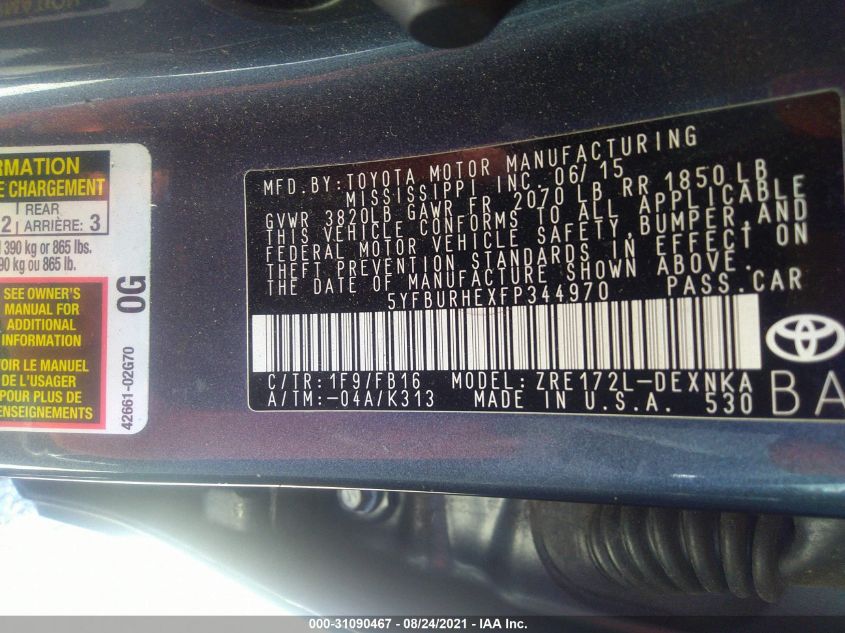 2015 TOYOTA COROLLA LE 5YFBURHEXFP344970
