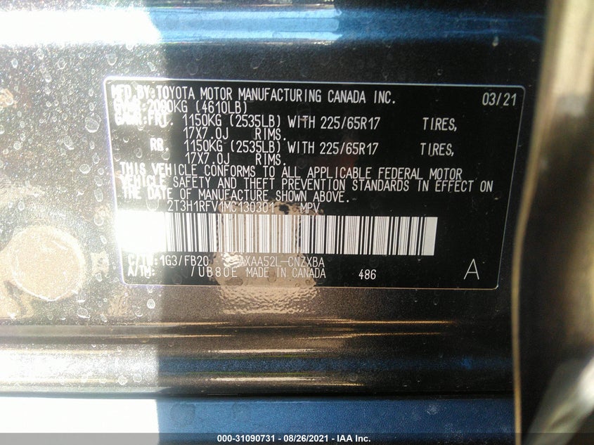 2021 TOYOTA RAV4 VIN: 2T3H1RFV1MC130301
