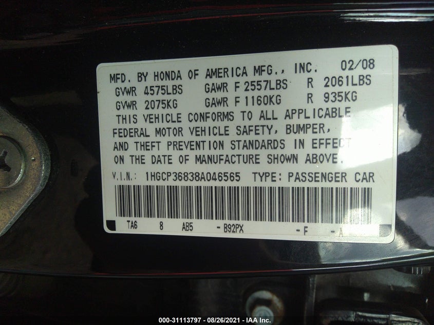2008 HONDA ACCORD VIN: 1HGCP36838A046565