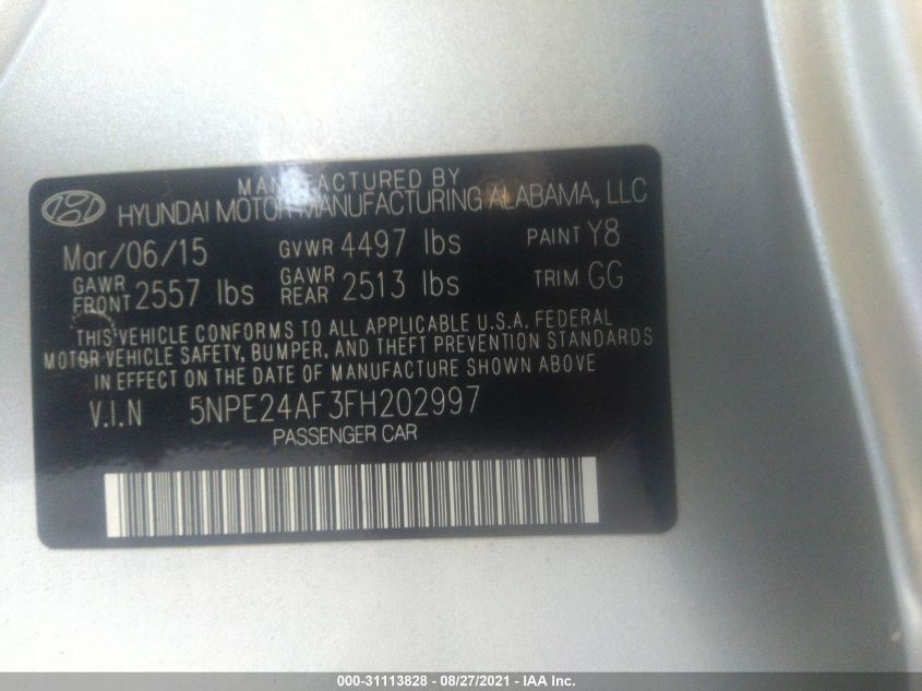 2015 HYUNDAI SONATA 2.4L SE 5NPE24AF3FH202997