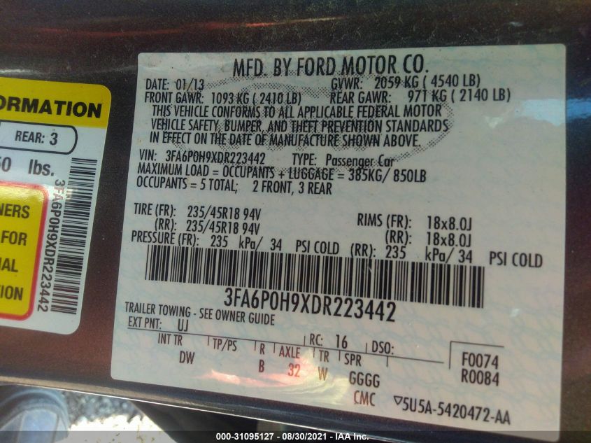 2013 FORD FUSION SE 3FA6P0H9XDR223442