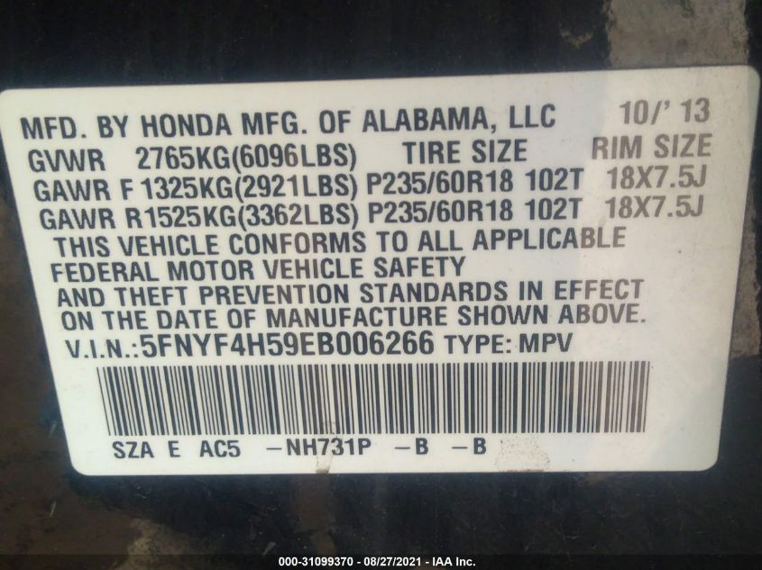 2014 HONDA PILOT EX-L 5FNYF4H59EB006266