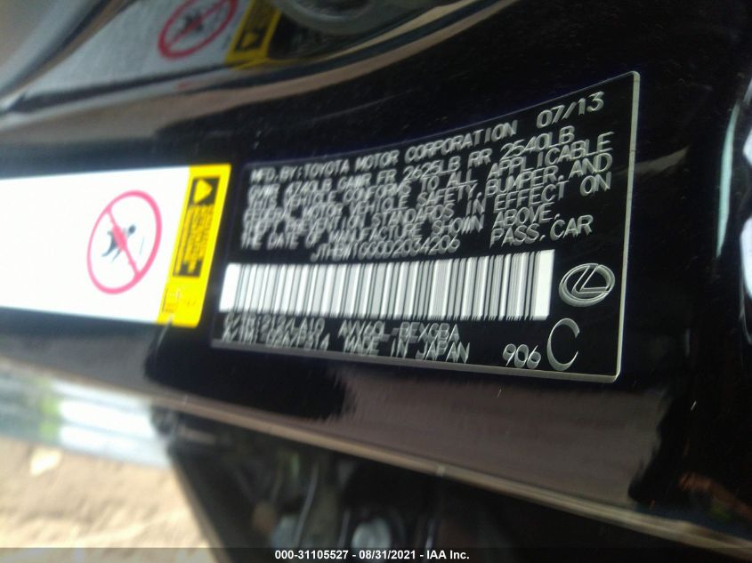 2013 LEXUS ES 300H HYBRID JTHBW1GG0D2034206