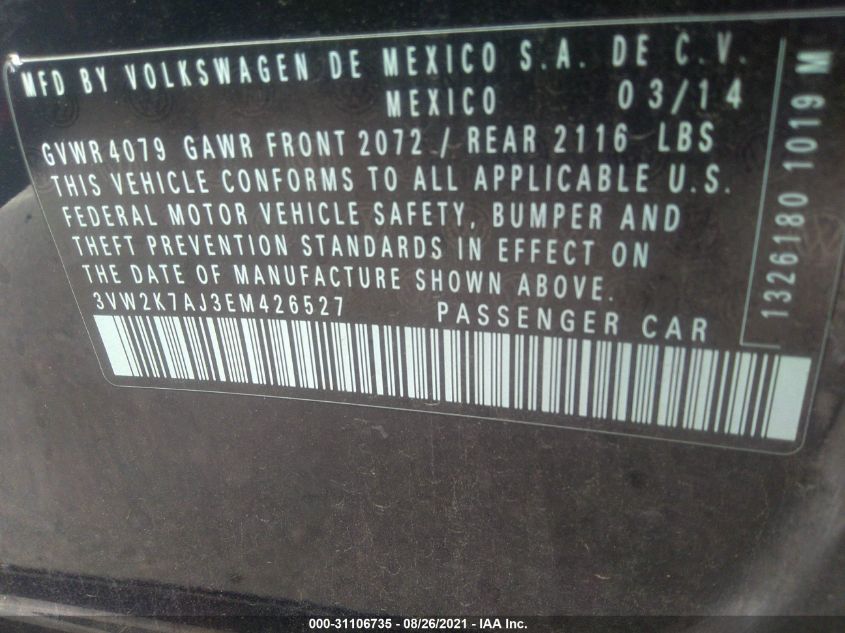 2014 VOLKSWAGEN JETTA SEDAN S 3VW2K7AJ3EM426527